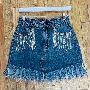 Rhinestone Fringe Denim Skirt